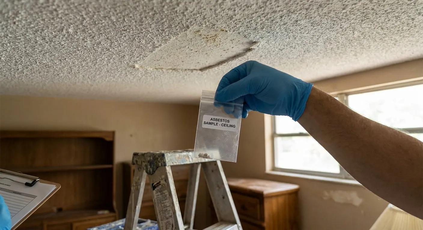A licensed asbestos inspector bagging a popcorn ceiling sample in a Broward County home